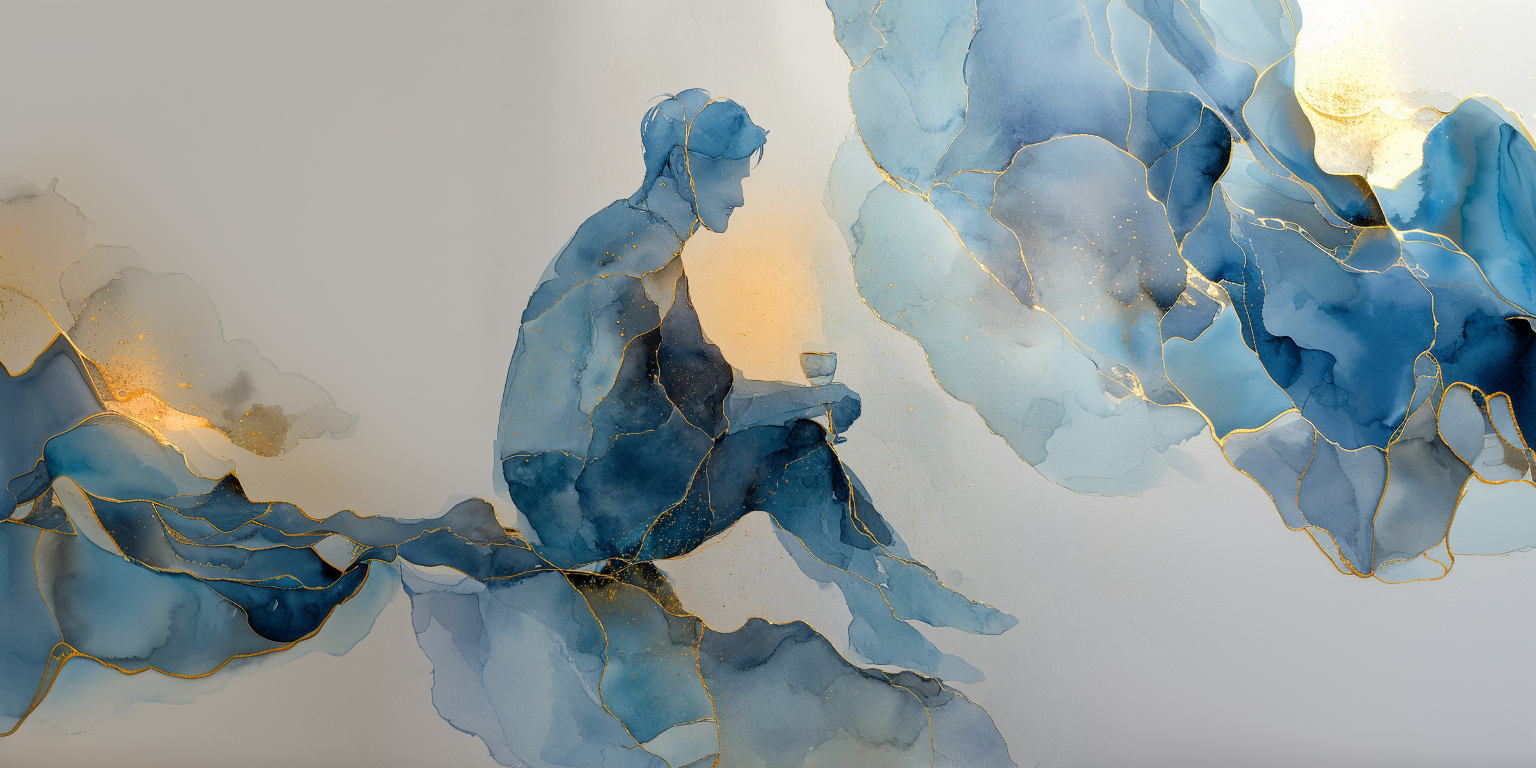 Aquarelle d'un homme se libérant de l'alcool au bord d'un précipice, hypnose pour les addictions à Paris