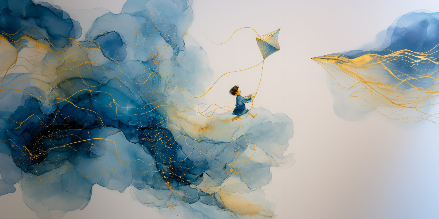 Aquarelle d'un enfant faisant voler un cerf-volant doré, hypnose pour enfants et adolescents à Paris