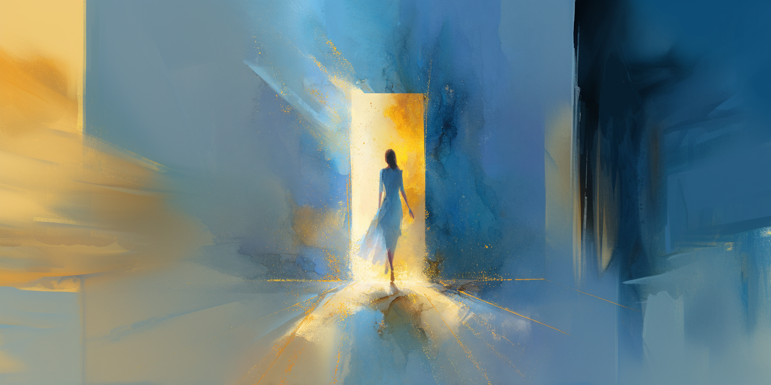 Aquarelle d'une femme franchissant une porte de lumière dorée, hypnose pour les phobies à Paris