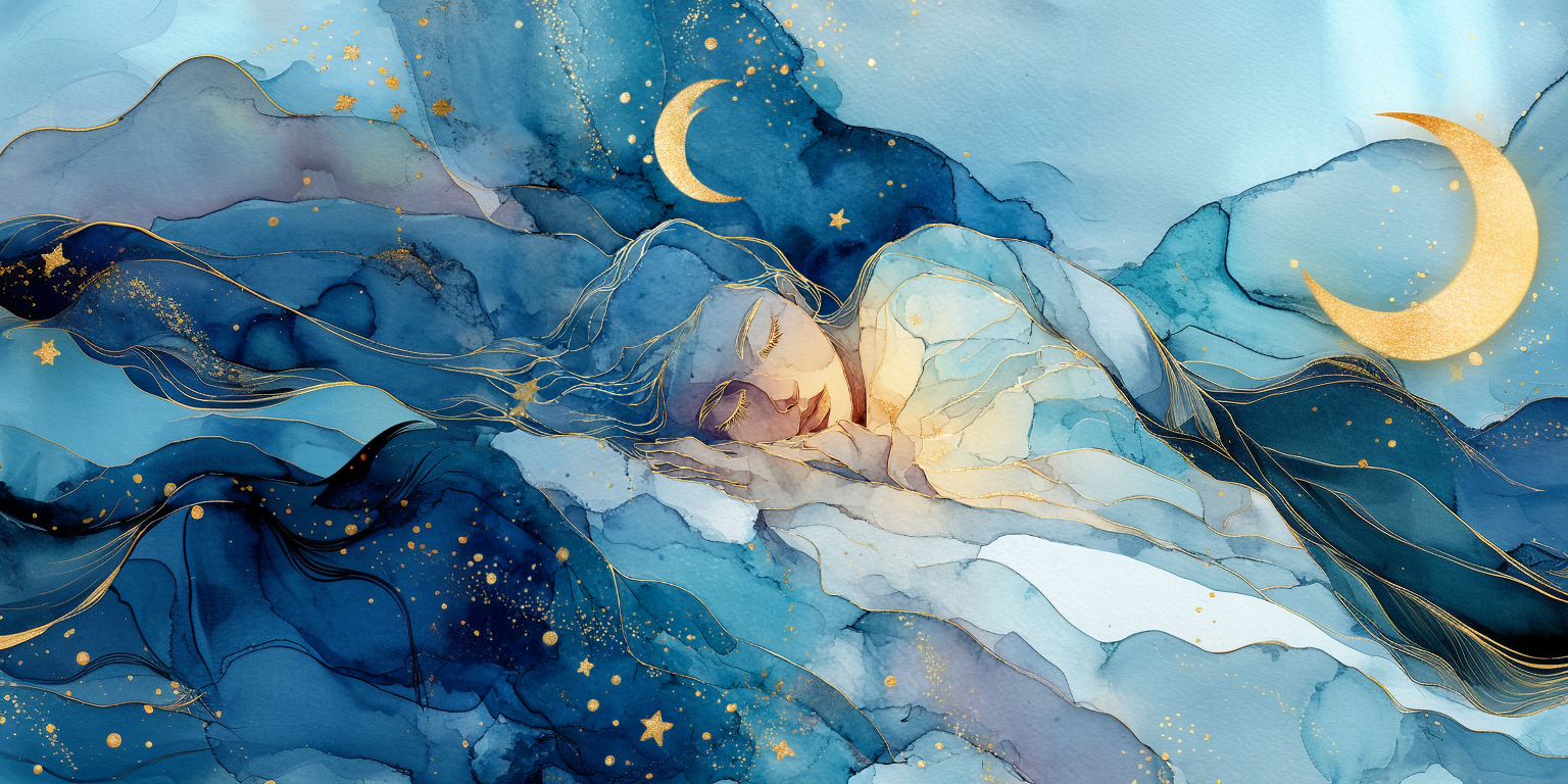 Aquarelle d'une personne paisible endormie sous la lune dorée, hypnose pour le sommeil et l'insomnie à Paris