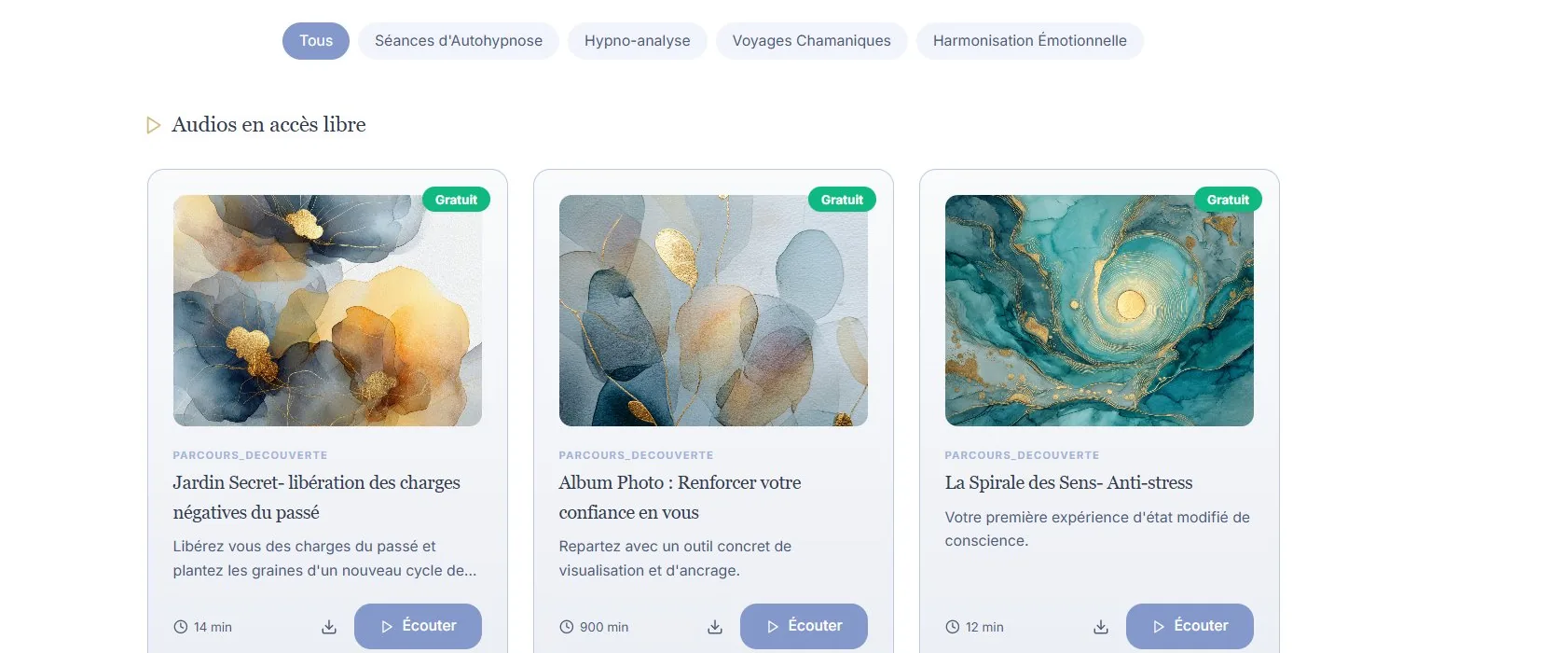 Bibliothèque d'audios d'autohypnose dans l'application HypnoPuissance