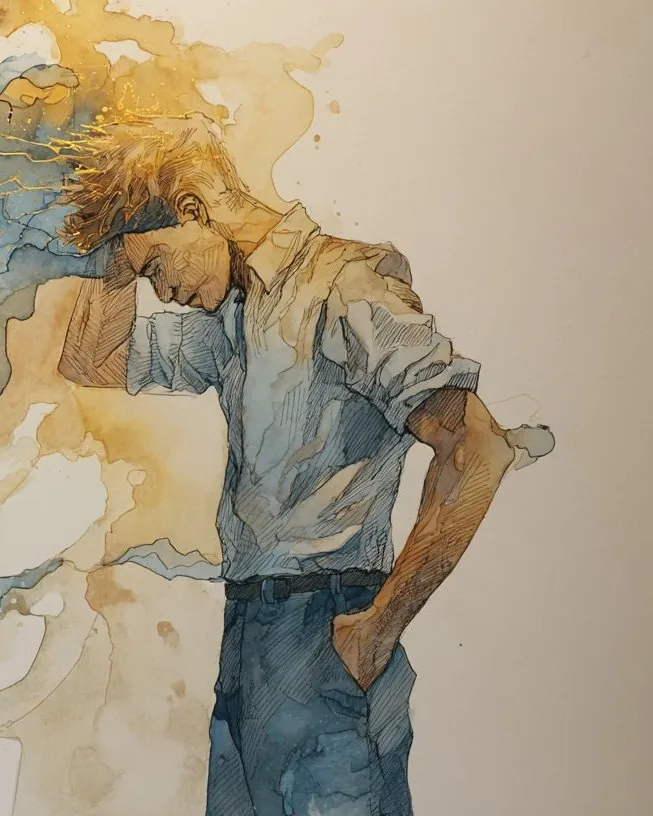 Aquarelle d'un homme épuisé la main au front, traversé d'éclats dorés, hypnose pour le burn-out à Paris