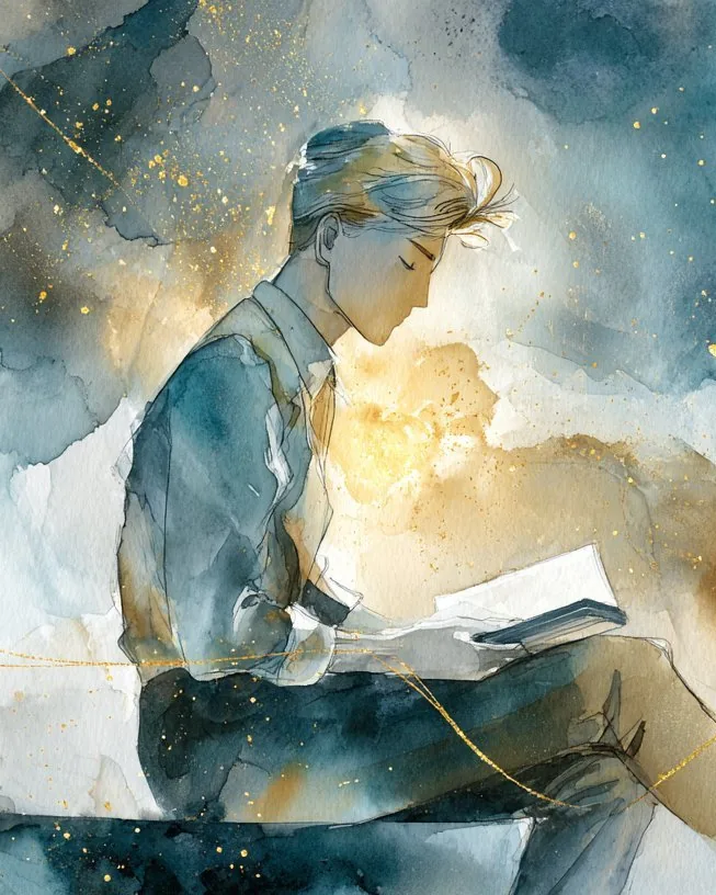 Aquarelle d'un étudiant concentré sur un livre rayonnant de lumière dorée, hypnose pour les examens et concours à Paris