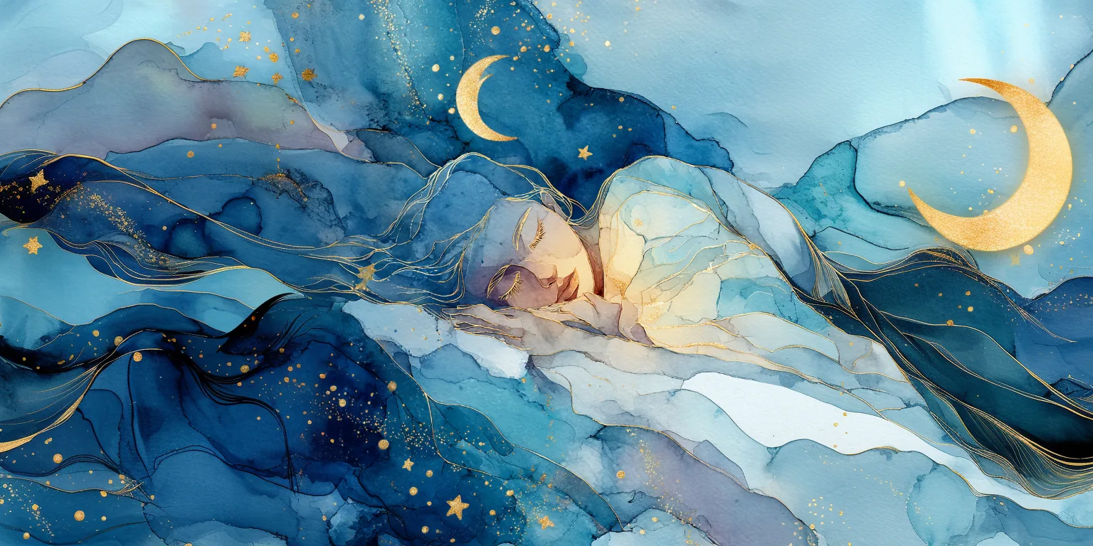 Aquarelle d'une personne paisible endormie sous la lune dorée, hypnose pour le sommeil et l'insomnie à Paris